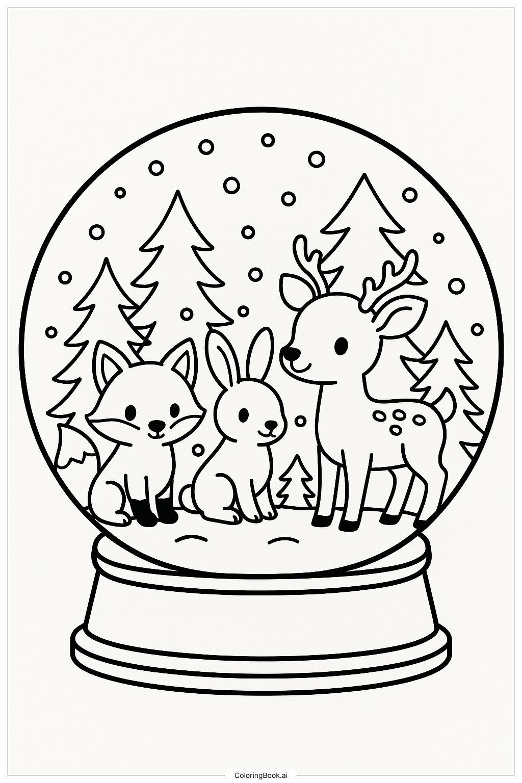森の動物スノードームの塗り絵ページ