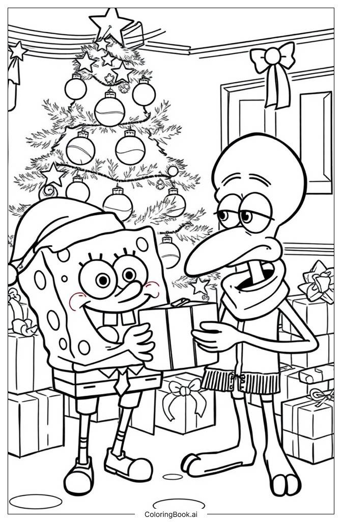  Página para colorir de SpongeBob e Squidward trocam presentes de Natal 