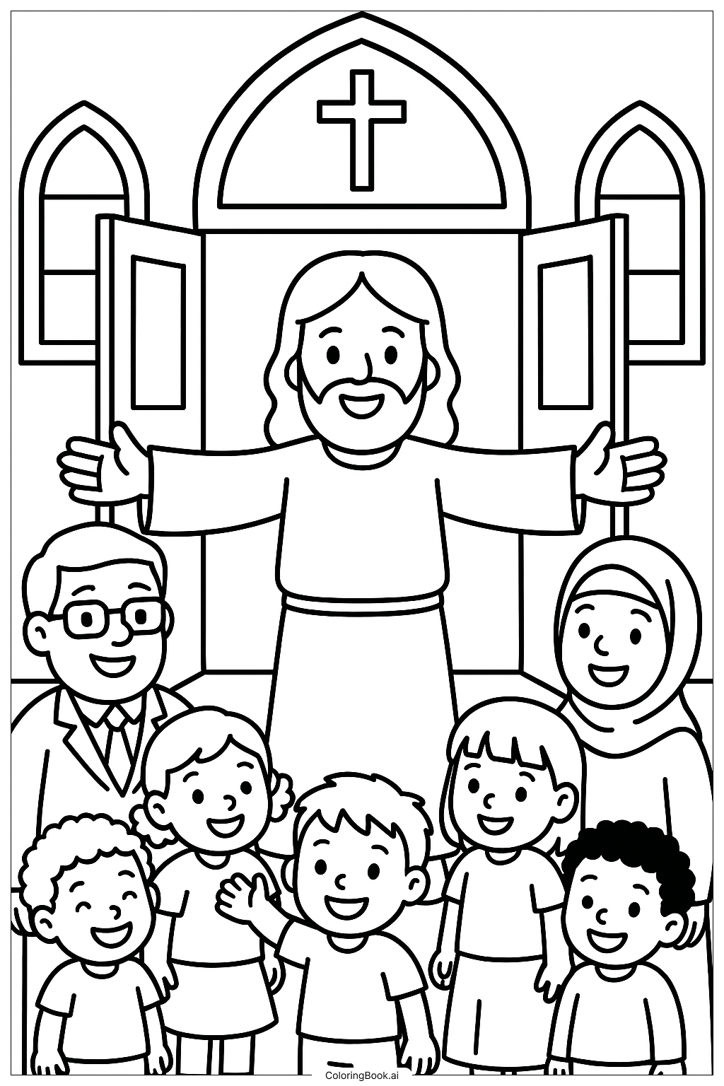  Página para colorear de Jesús dando la bienvenida a la gente en la iglesia 
