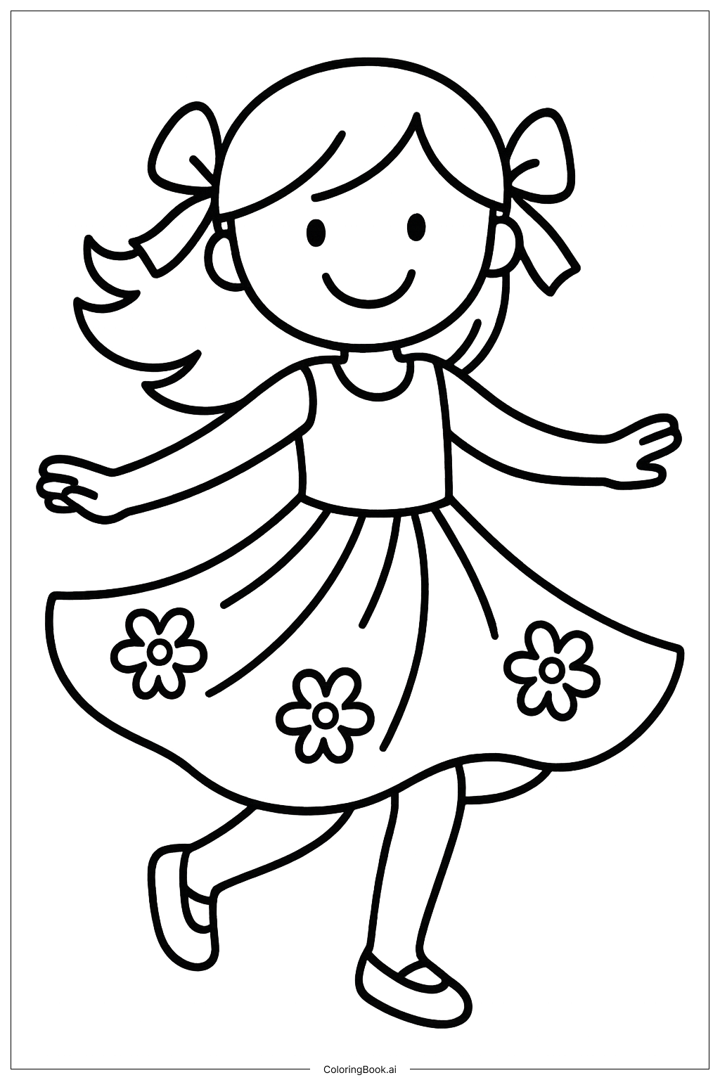  夏のドレスを着た女の子のスピンの塗り絵ページ 