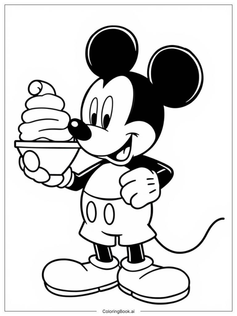  Página para colorear de Mickey Mouse Sosteniendo un Tazón de Helado 