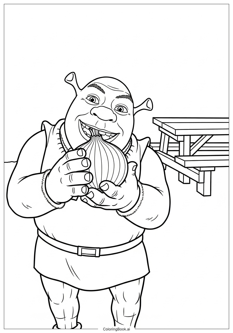 Página para colorear de Shrek comiendo una cebolla