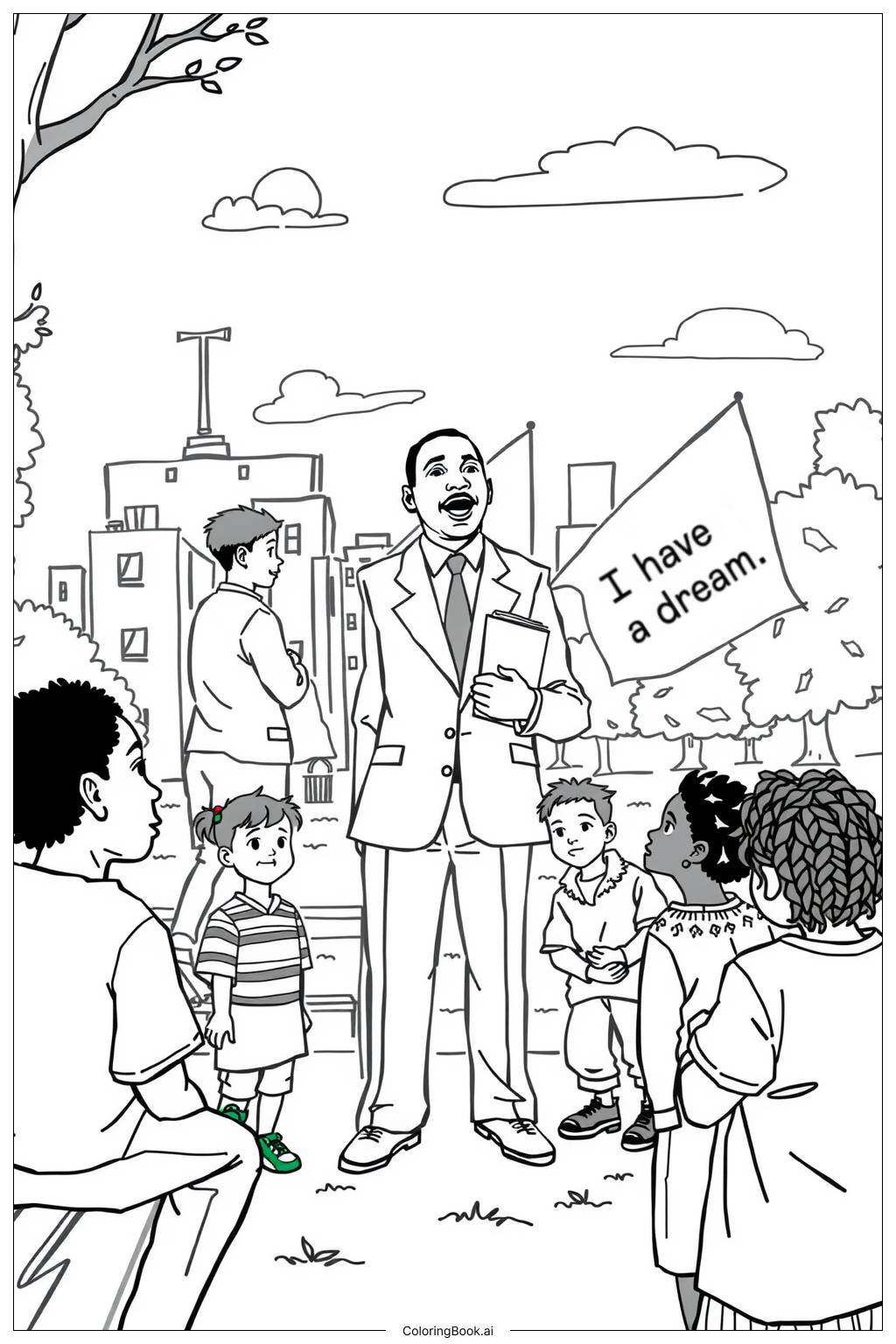  Page de coloriage Martin Luther King avec des enfants promouvant l'égalité 