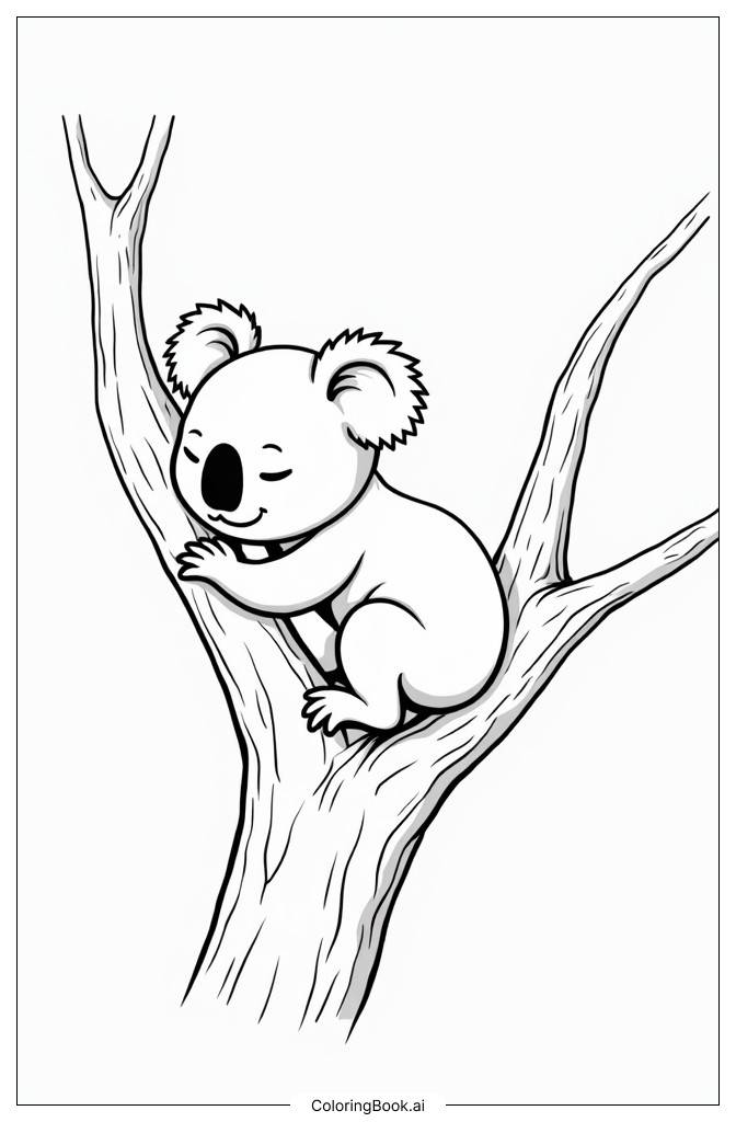  Página para colorear de tierno koala bebé durmiendo en un árbol 