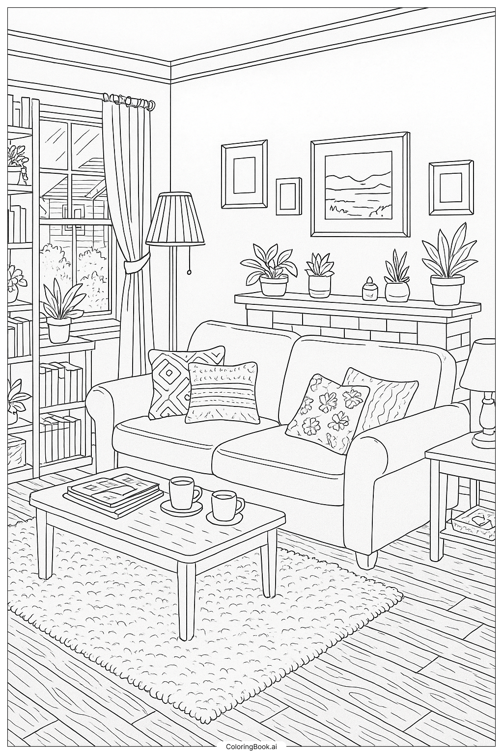  A Detailed Cozy Living Room Interior Coloring Page 