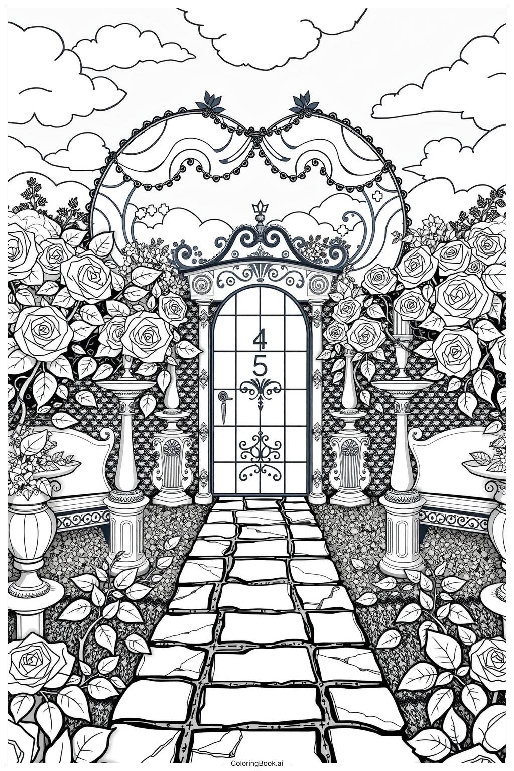  Page de coloriage Jardin de roses en forme de cœur 