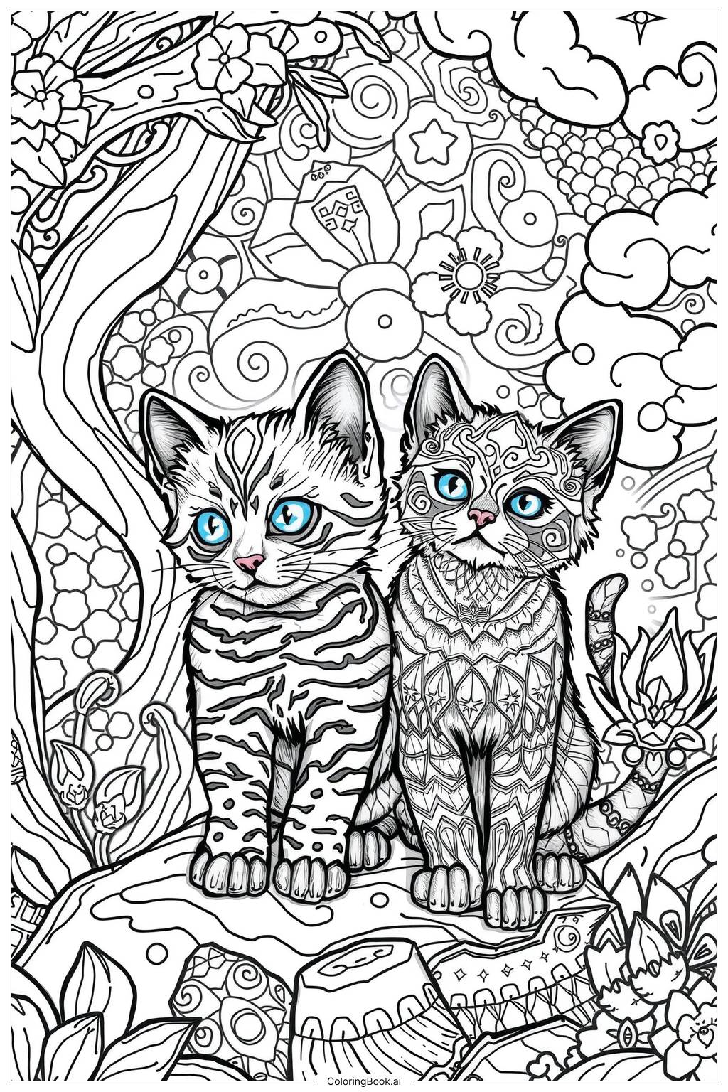  Page de coloriage Des chatons découvrant un monde magique 