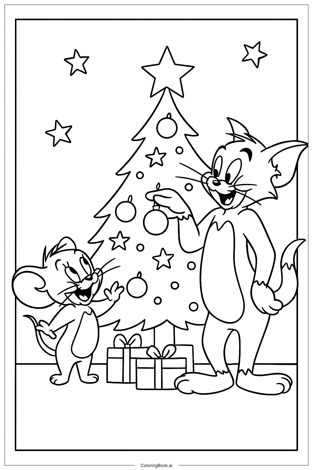 Page de coloriage Decorating A Christmas Tree 