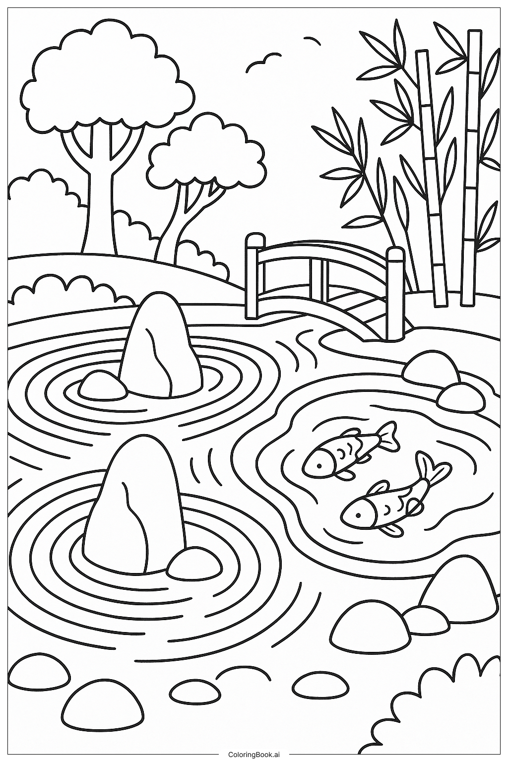  Página para colorir de Um Jardim Zen Japonês Realista e Luxuriante 