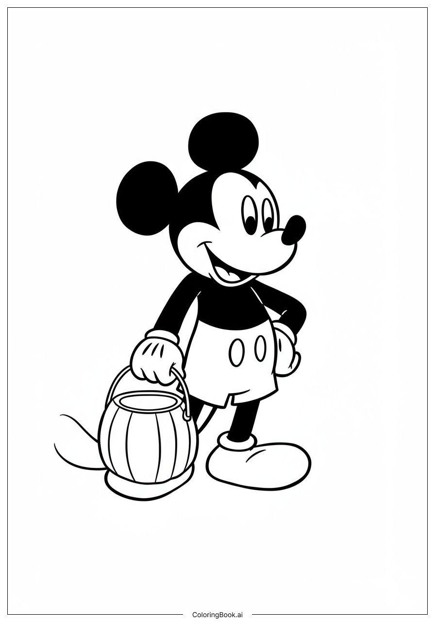  Página para colorir de Mickey Mouse Segurando Balde de Abóbora 