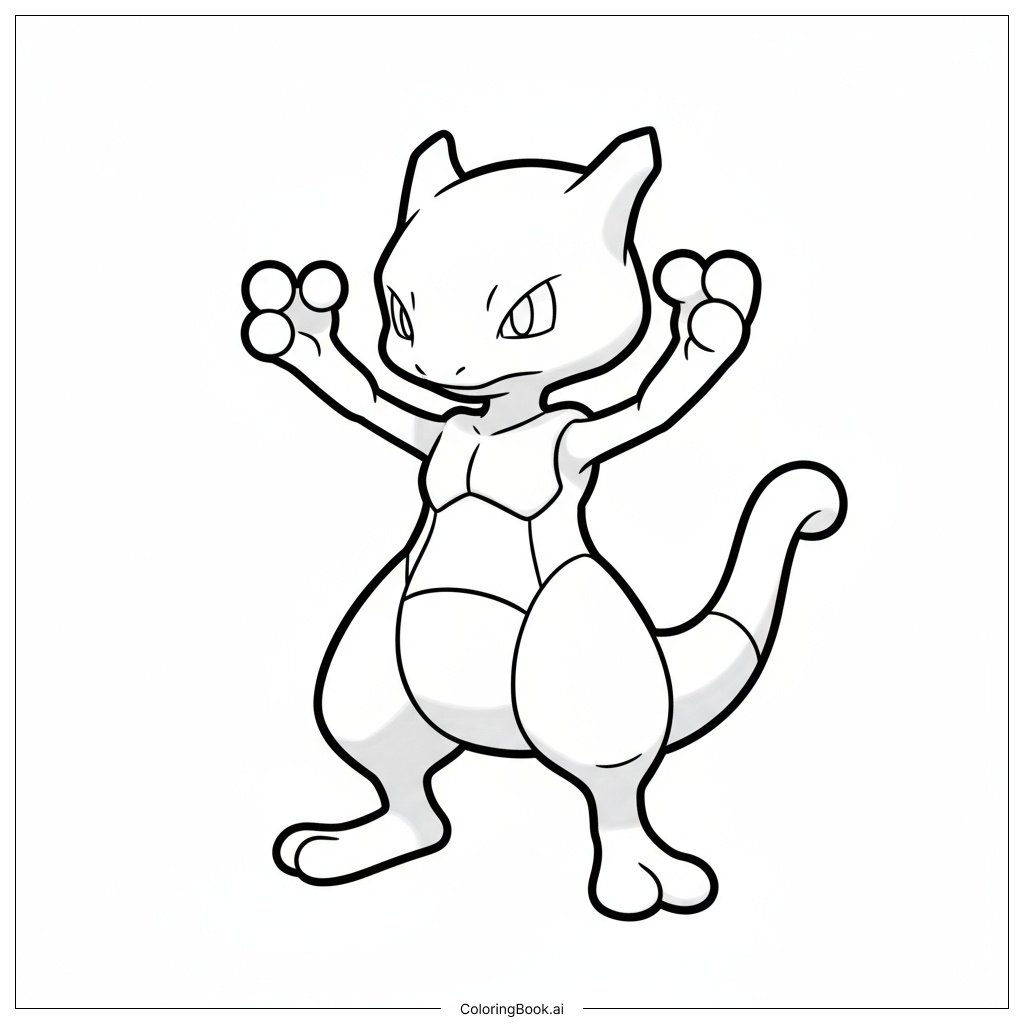  Page de coloriage Mewtwo Dans Une Pose de Combat Tendue 