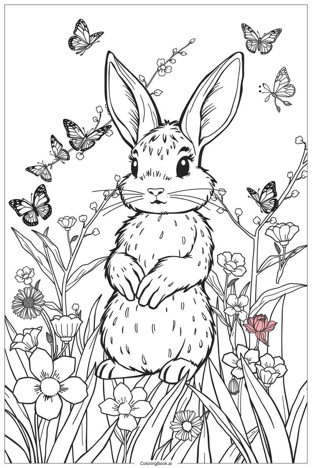  Bunny and Flowers Spring-2 Coloring Page 