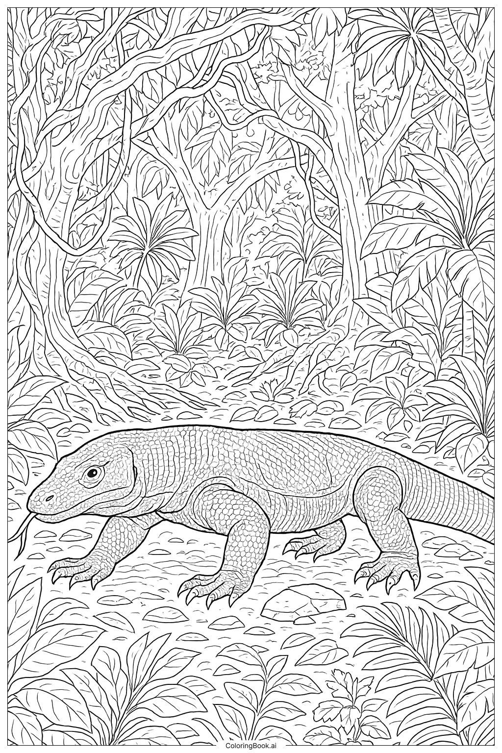 Komodowaran in einer dichten Dschungelszene Ausmalseite