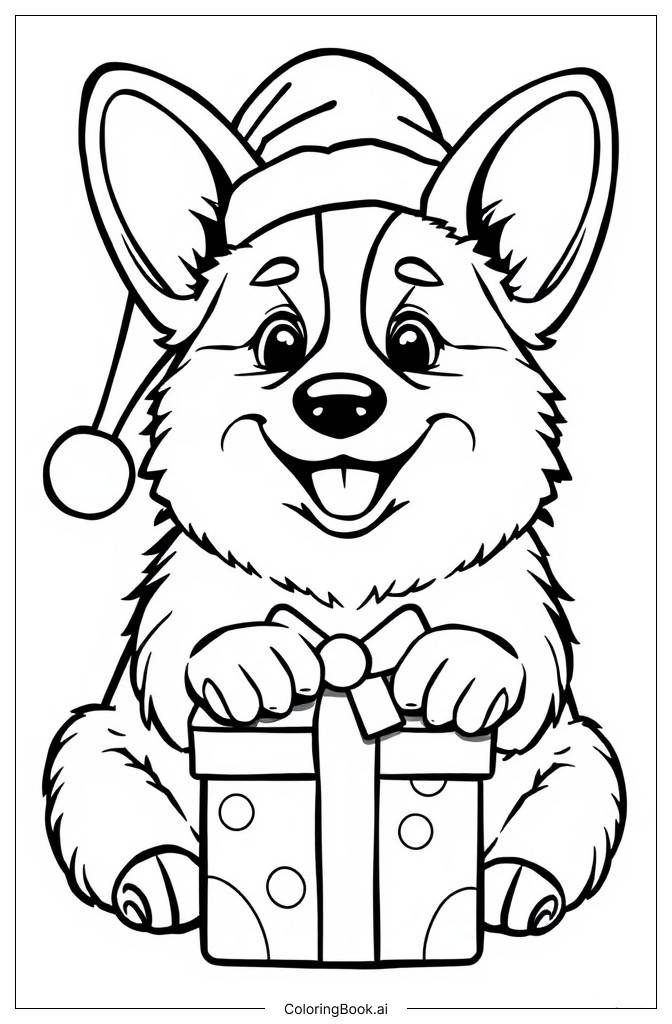  Página para colorear de Corgi Navideño Desempaquetando Regalos 