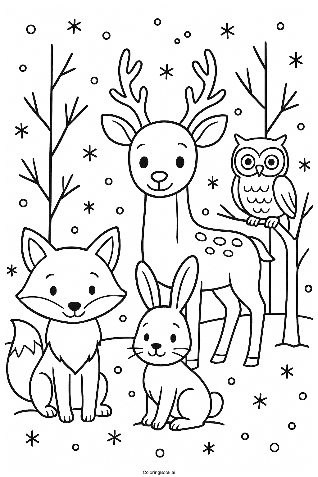  冬の森の動物たちの塗り絵ページ 