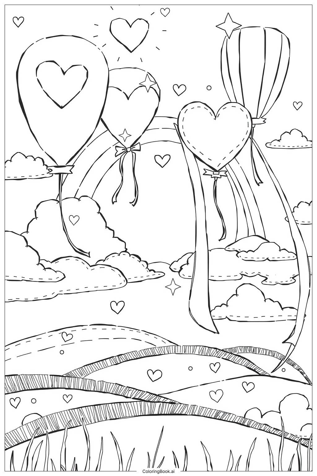  Page de coloriage Ballons en cœur et ciel arc-en-ciel 