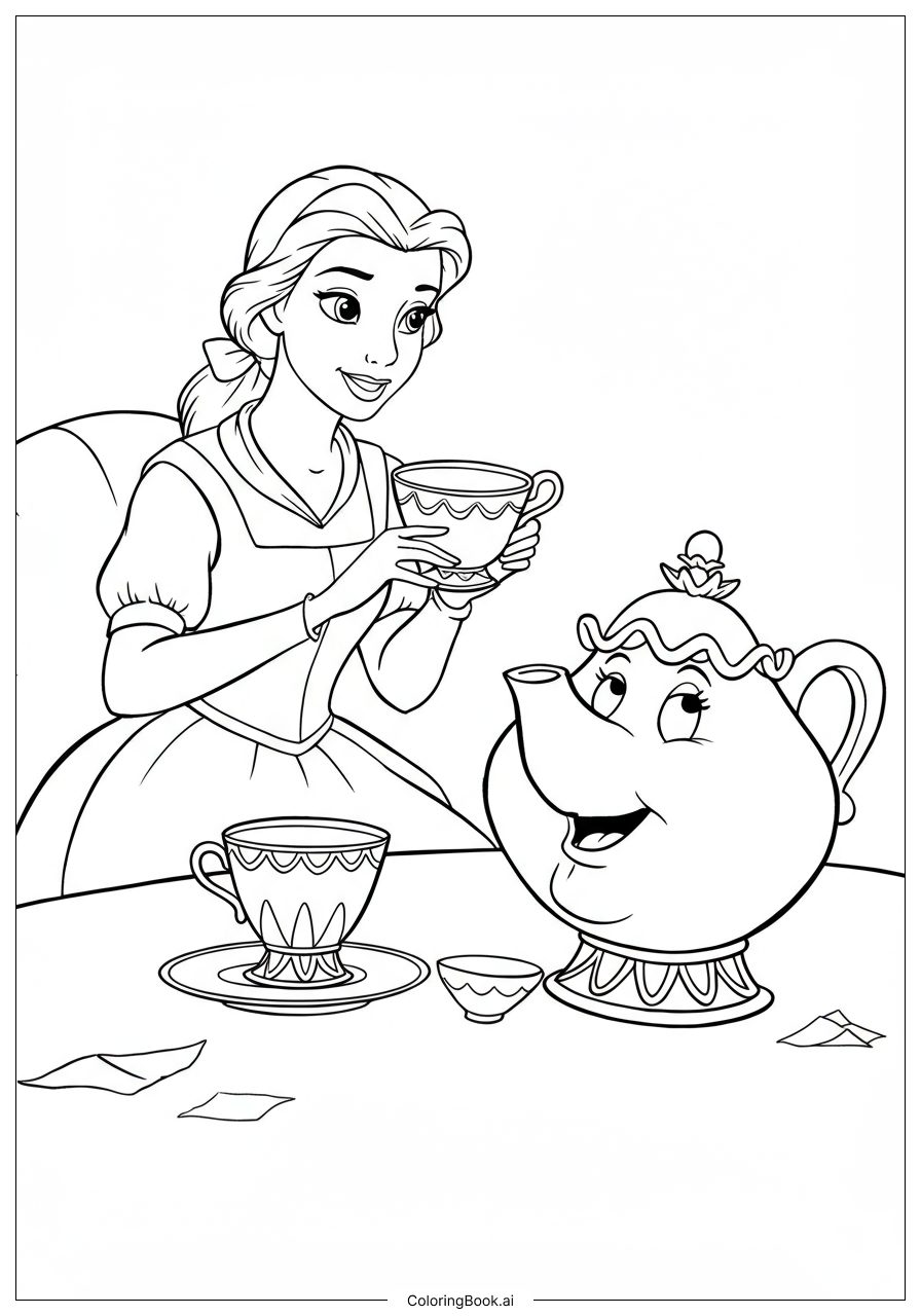  ベルとポット婦人のお茶の時間の塗り絵ページ 