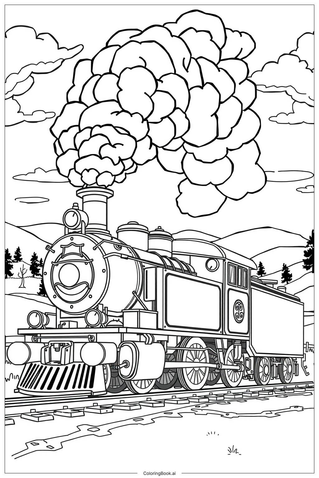  Página para colorir de trem a vapor com nuvens de fumaça-2 