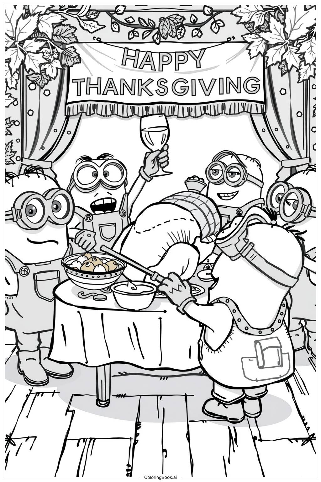  minions celebrating thanksgiving with a feast-2 Coloring Page 