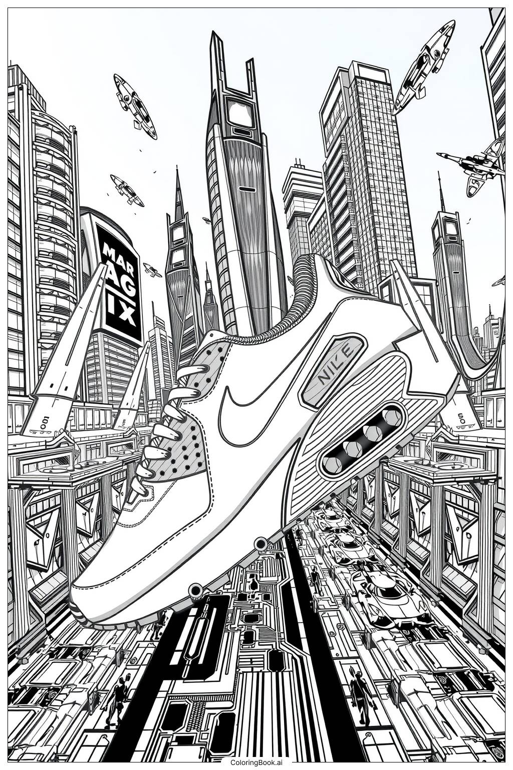  Página para colorir de tênis nike air max em uma paisagem urbana futurista 