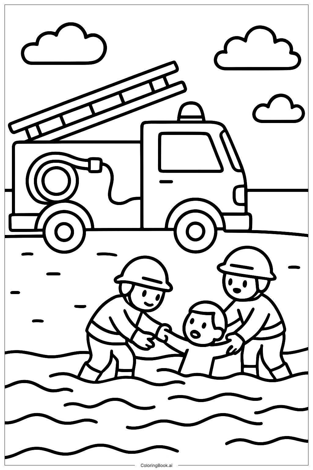  Page de coloriage Camion de pompiers au sauvetage à la plage 