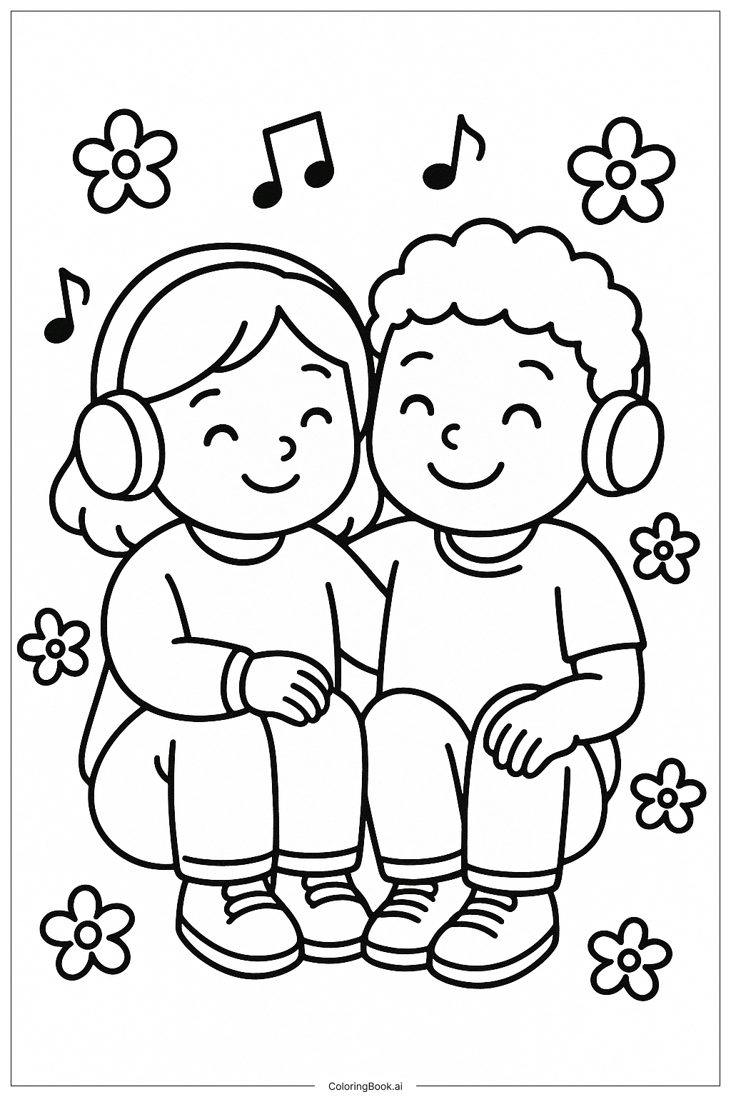 Cozy Friends Listening To Music With Headphones Coloring Page