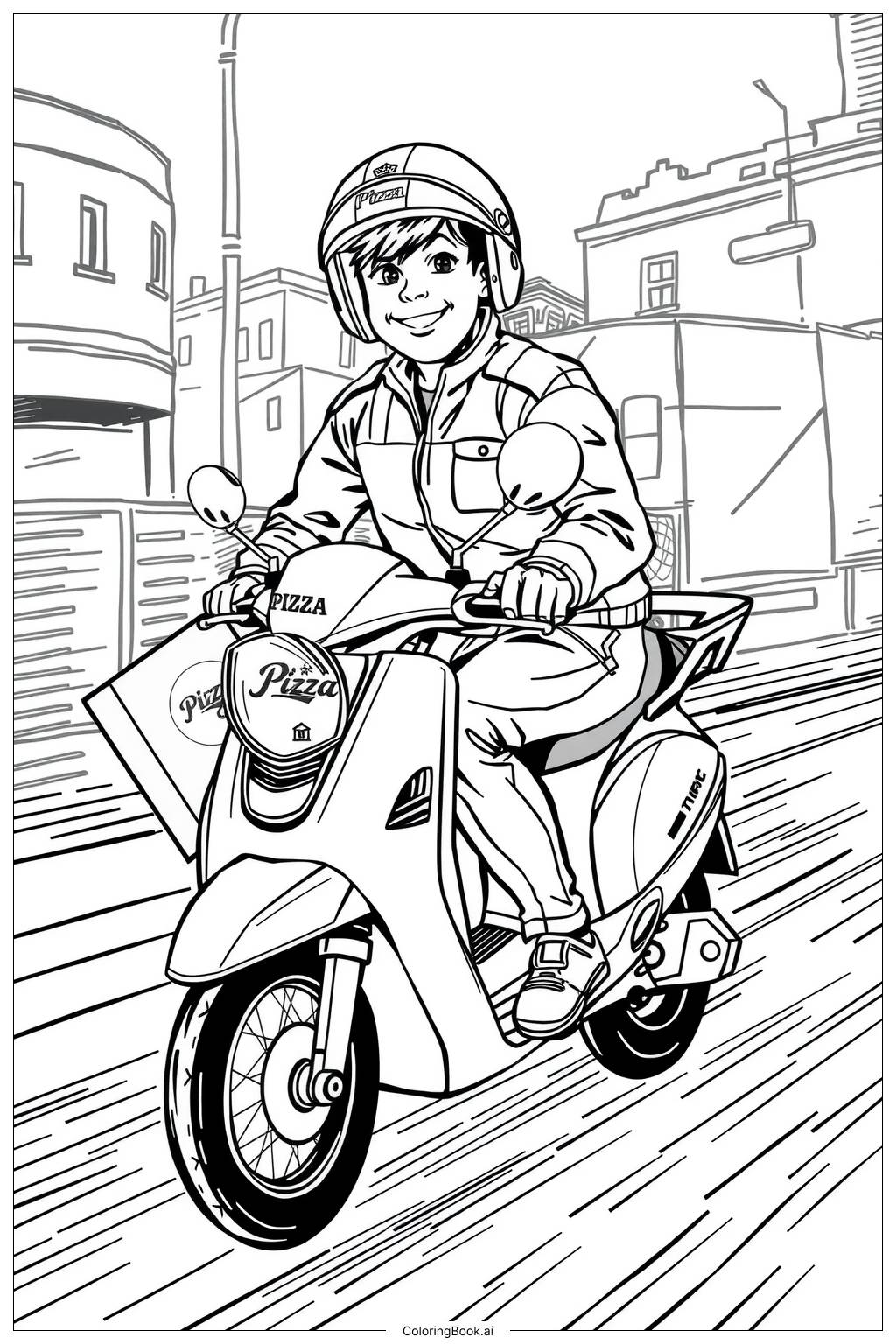  Pizza Delivery Person on Scooter Coloring Page 