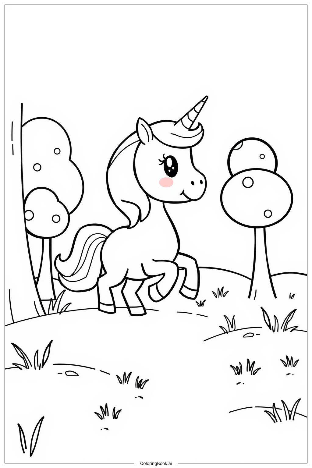  Page de coloriage licorne réaliste courant à travers une forêt brumeuse 