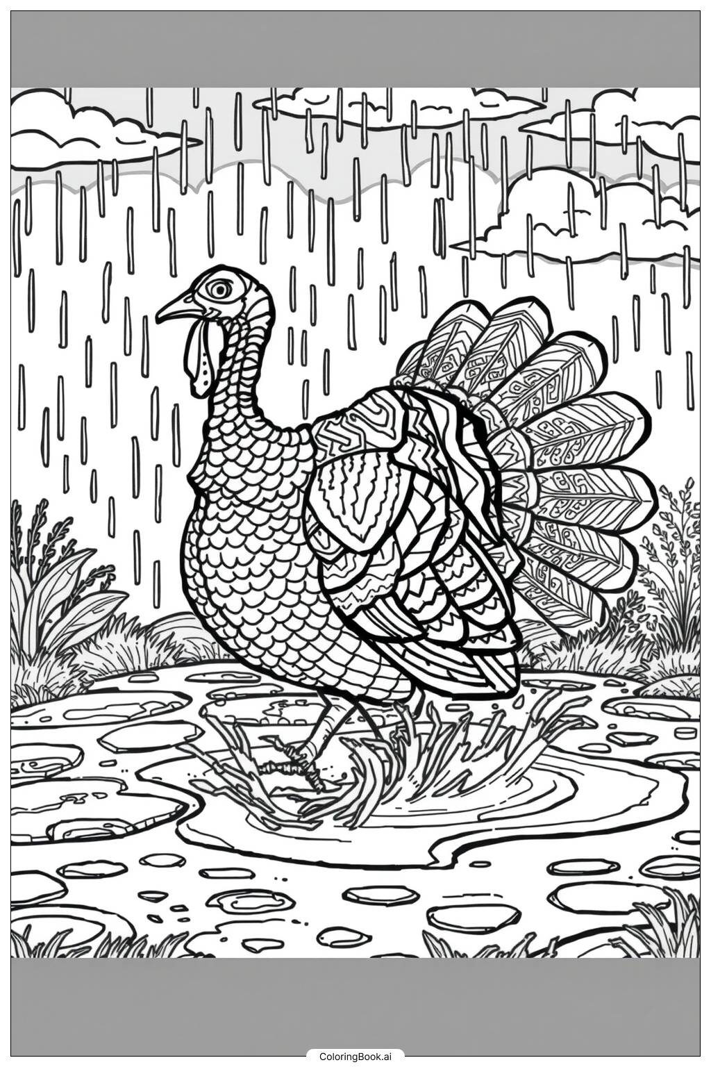  Turkey Playing Rain Coloring Page 