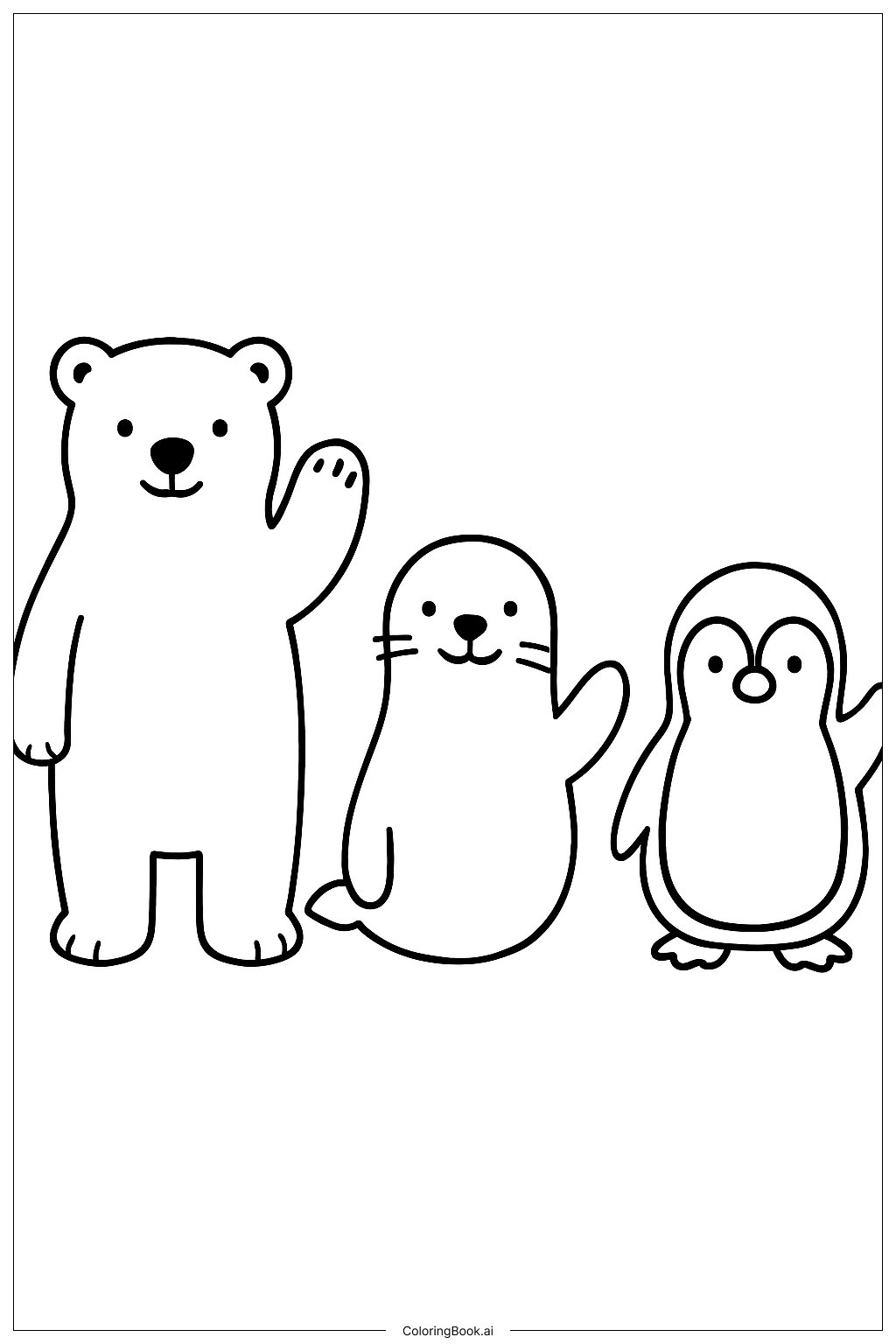  北極の動物たちが手を振ってこんにちはの塗り絵ページ 