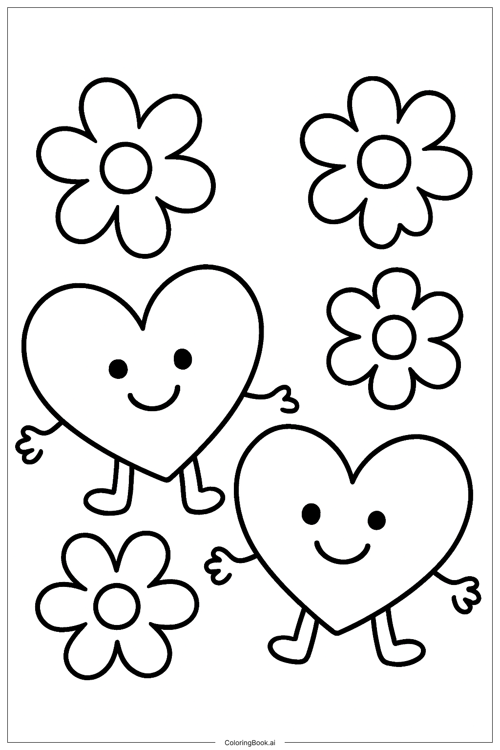  Two Friendly Hearts and Flowers Coloring Page 