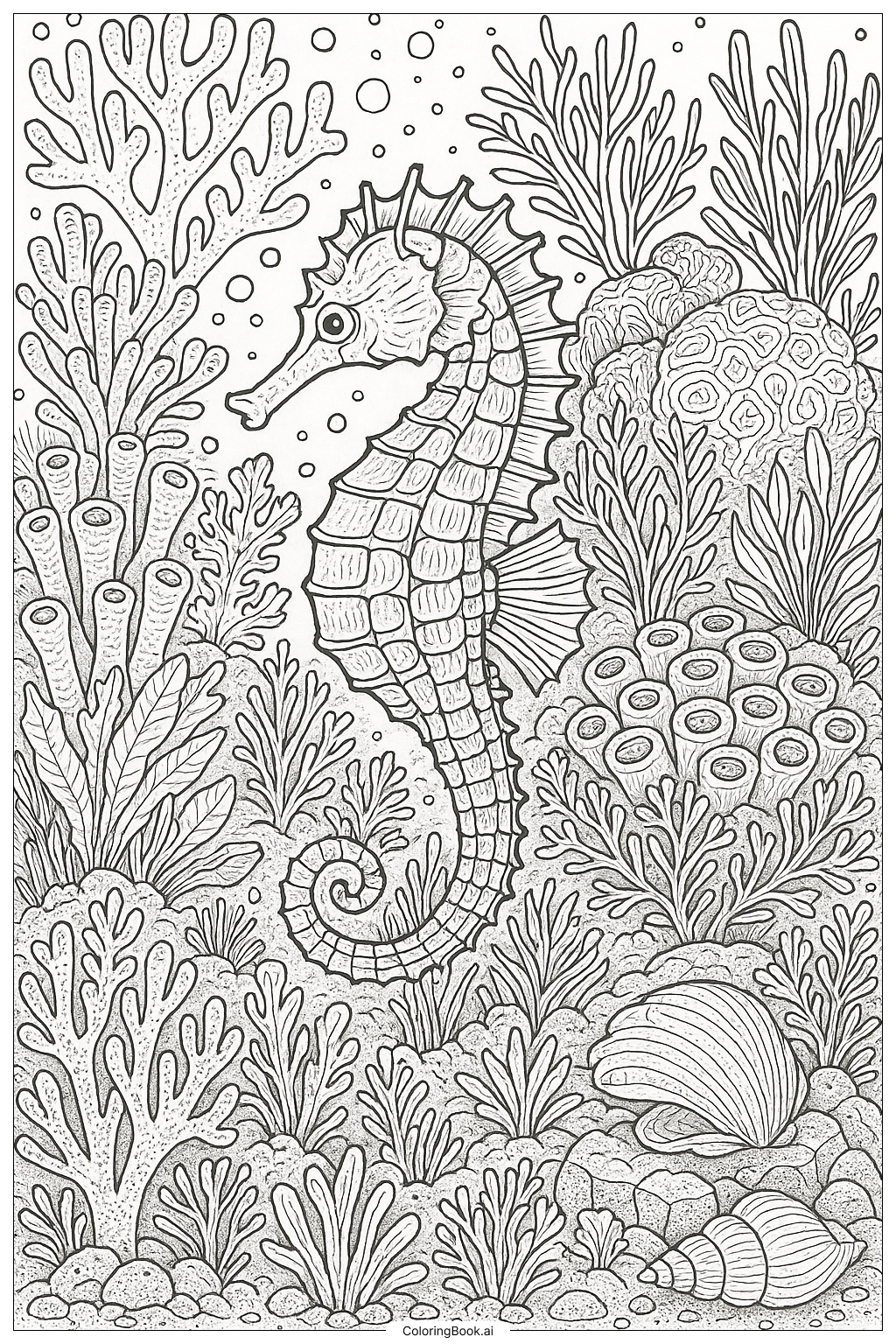 Página para colorear de Caballito de mar en un arrecife de coral detallado