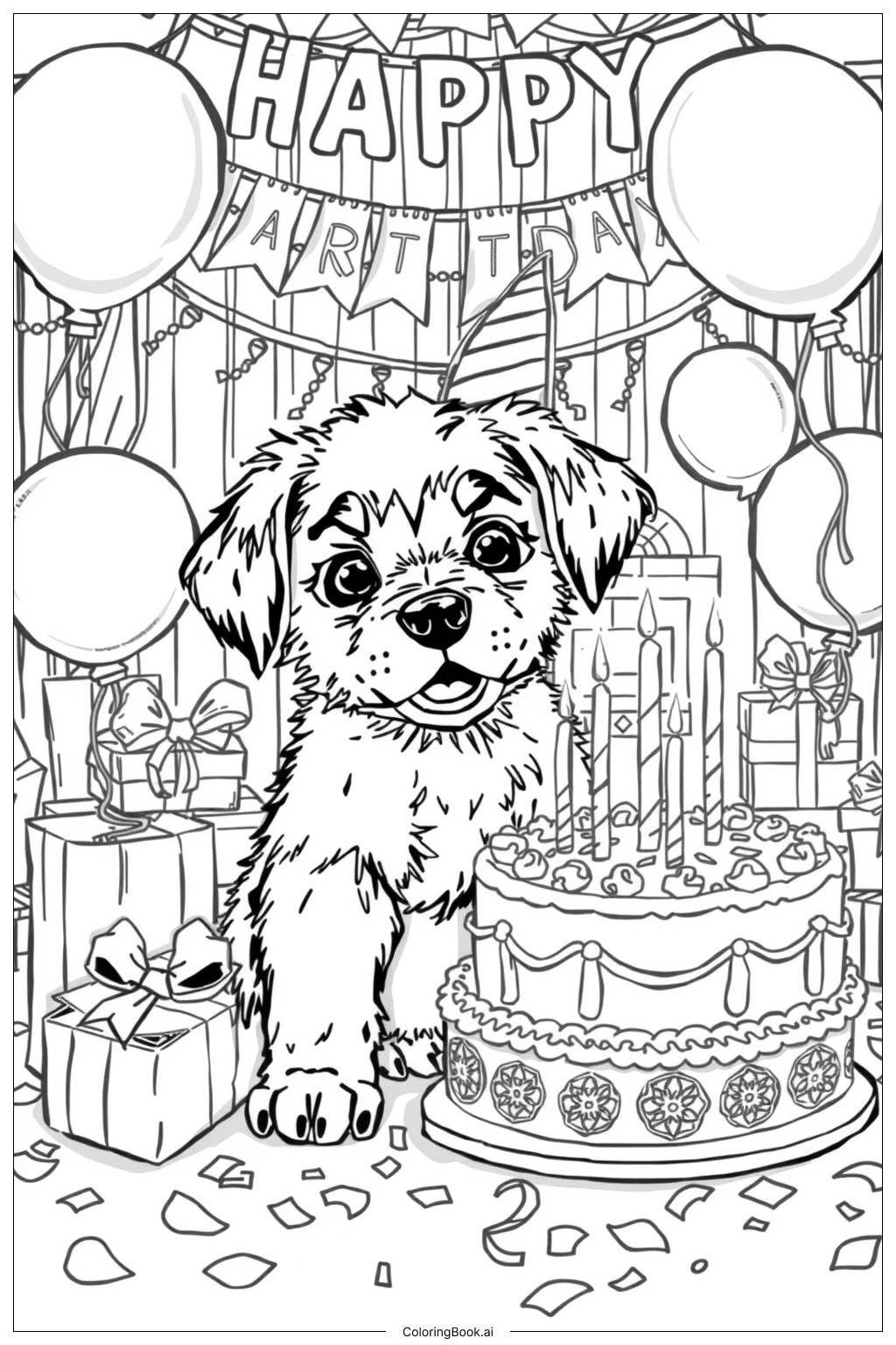  Página para colorear de Cachorro de Cumpleaños con Decoraciones de Fiesta-2 