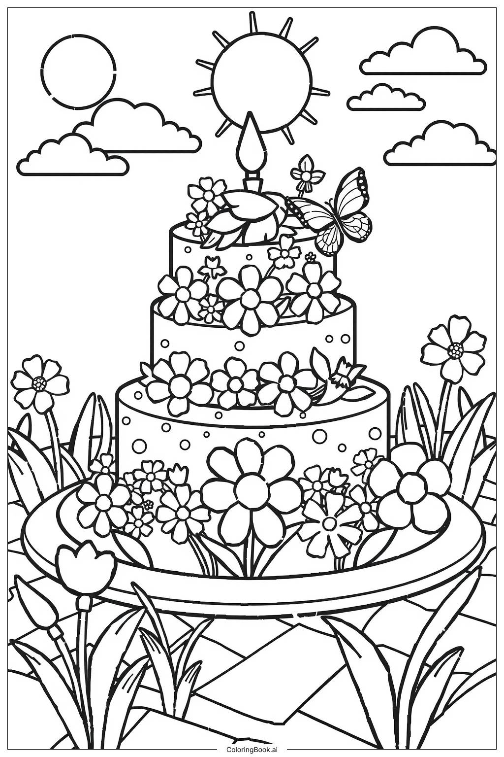  Birthday Cake Garden Party Coloring Page 