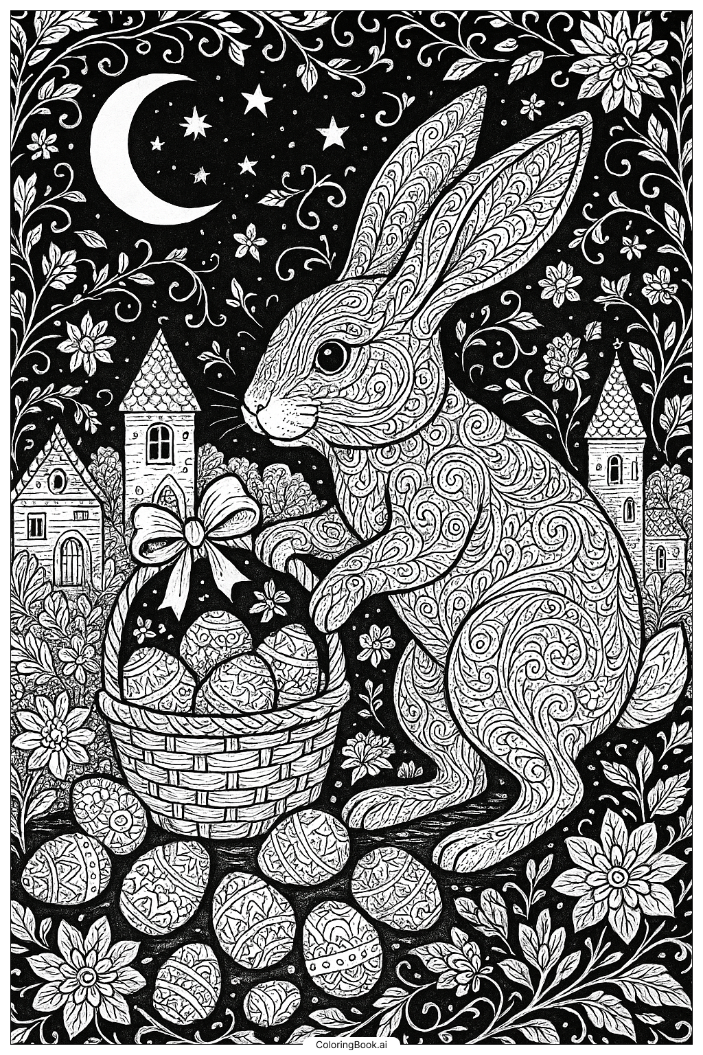 Easter Bunny's Nighttime Basket Delivery Coloring Page
