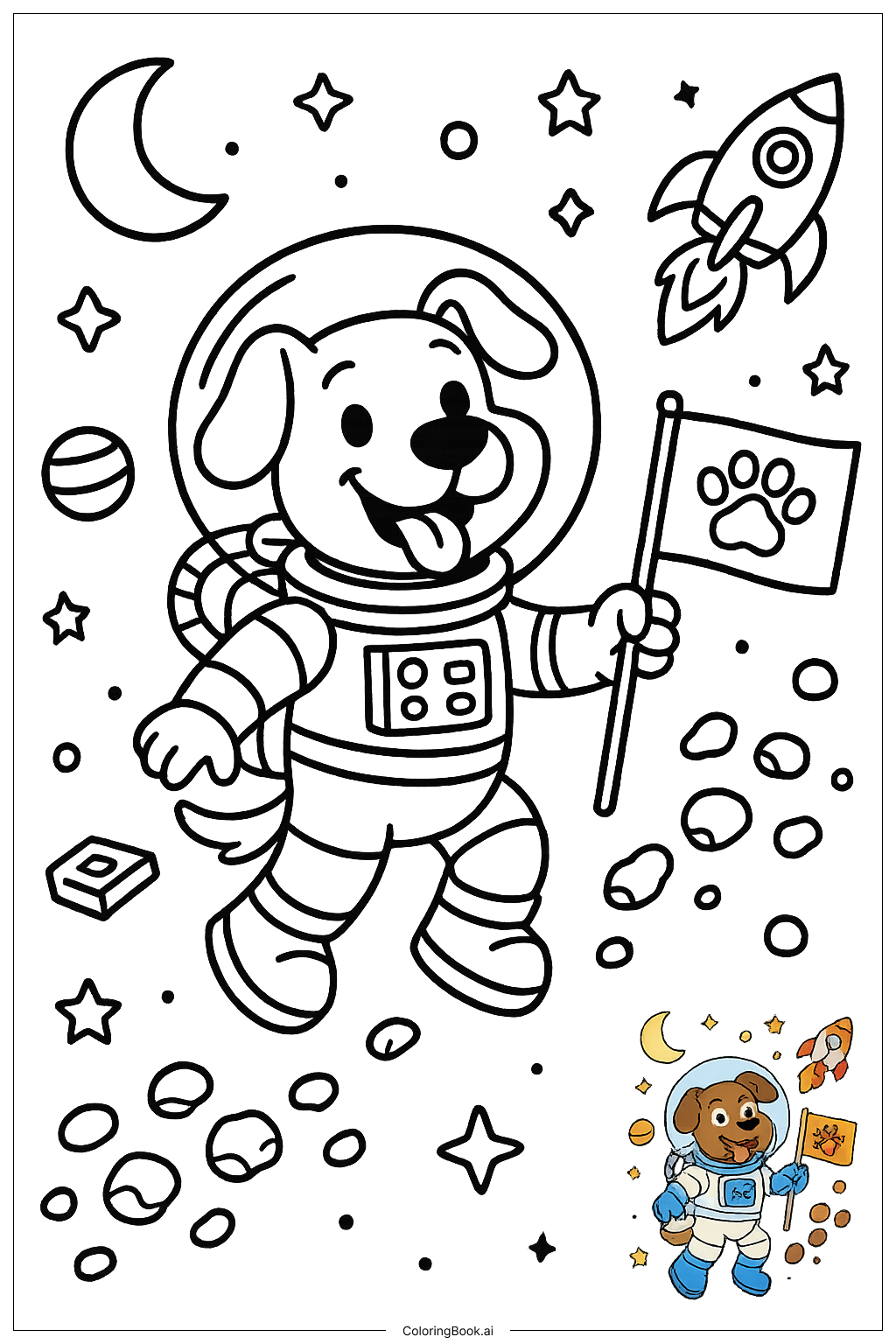  狗狗太空冒险填色页 