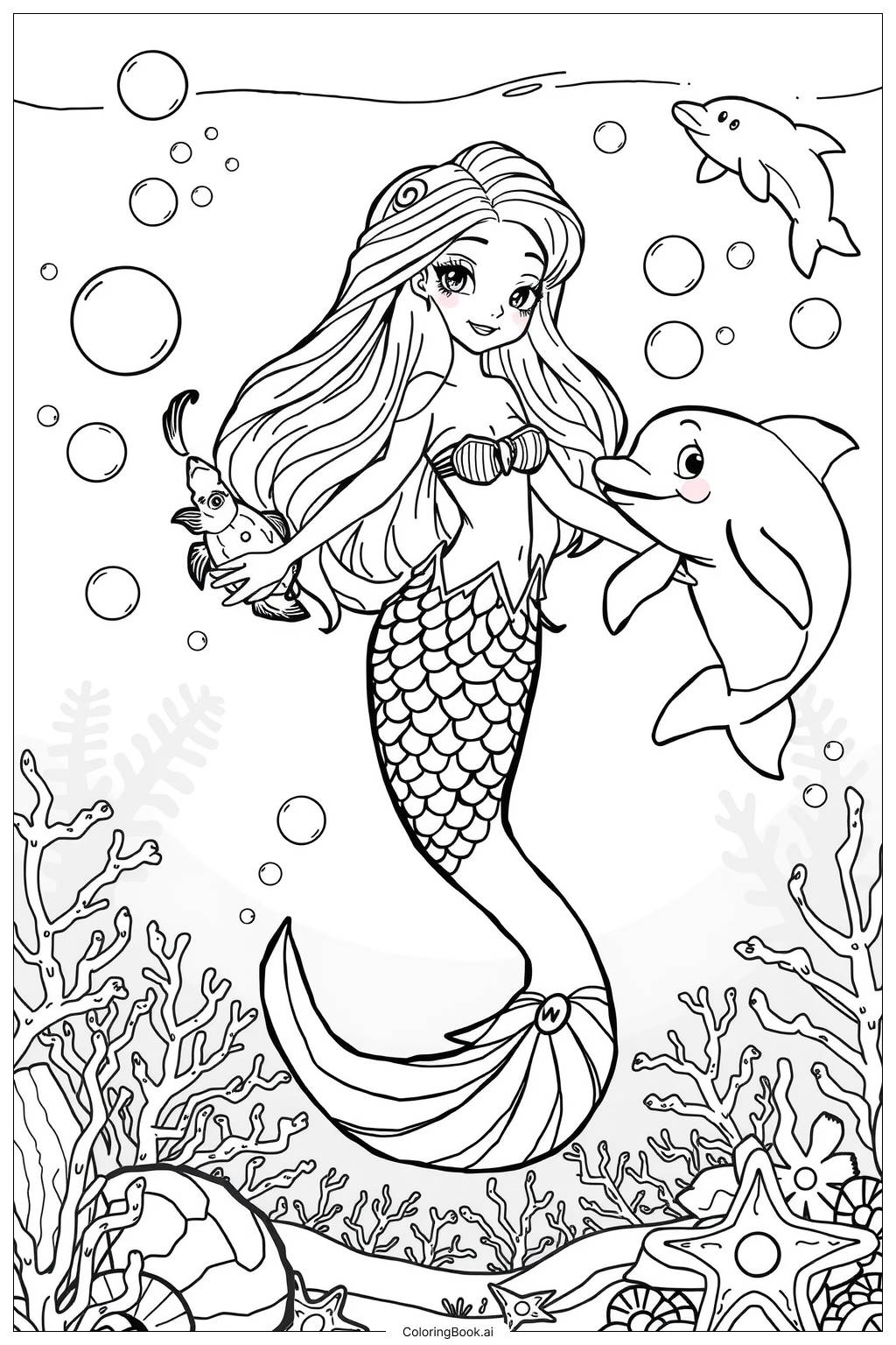  Page de coloriage Sirène et Animaux de Compagnie Temps de Jeu-2 