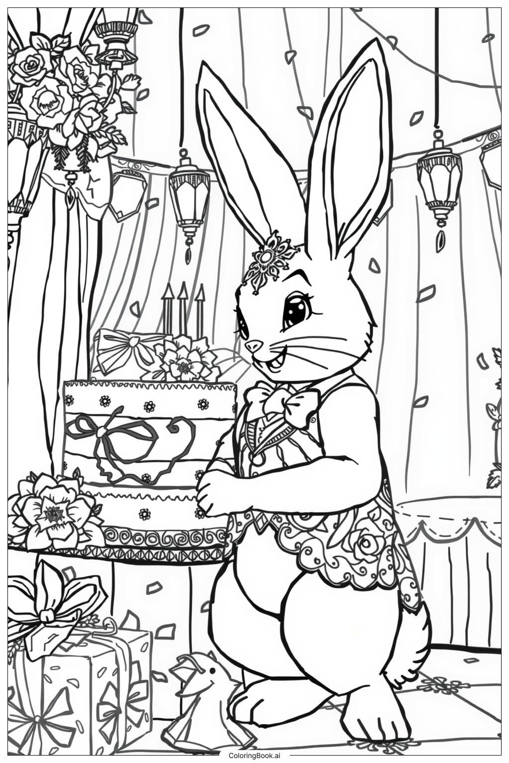  Bunny Birthday Celebration Coloring Page 