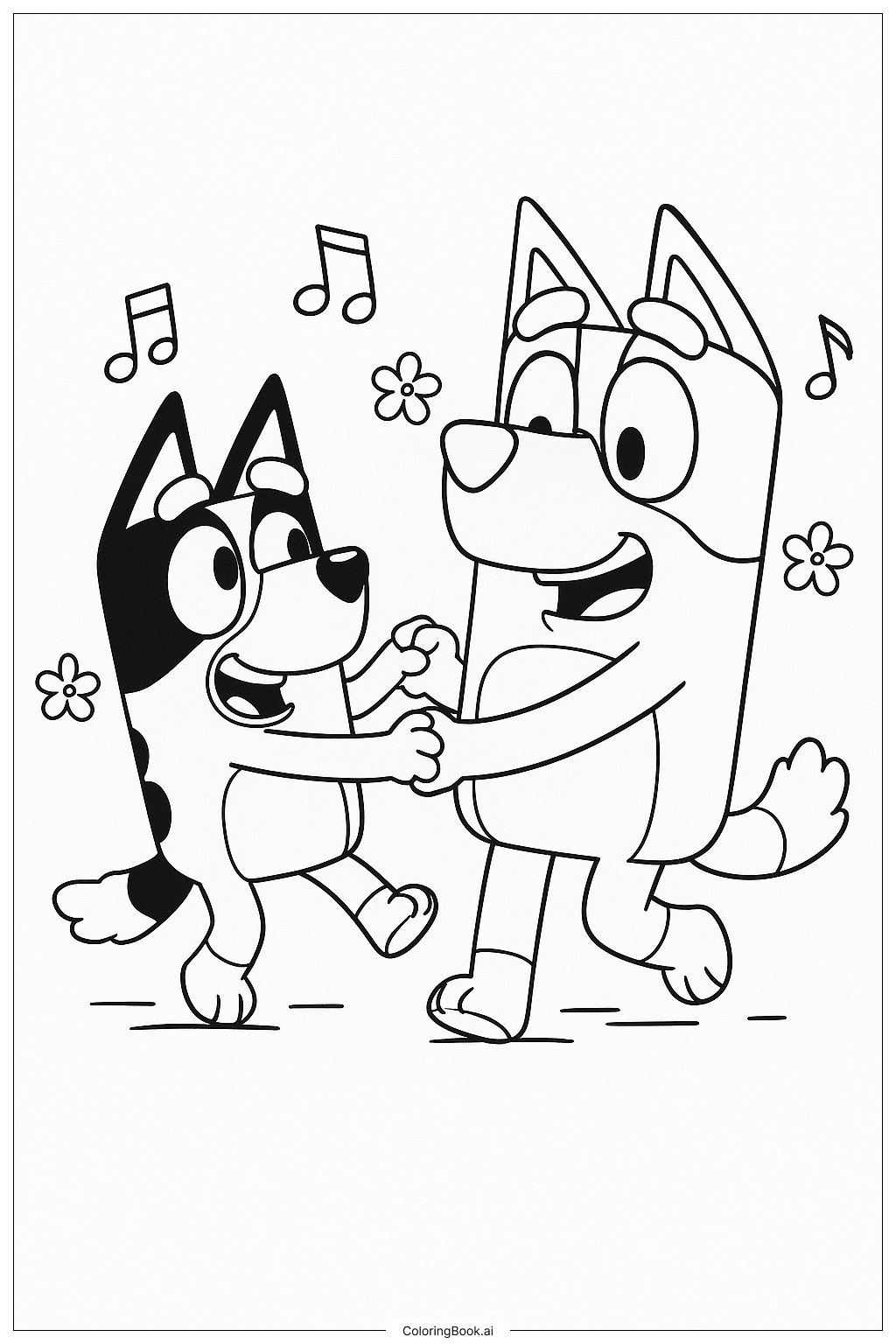  Page de coloriage Bluey et Papa Bandit dansant ensemble 