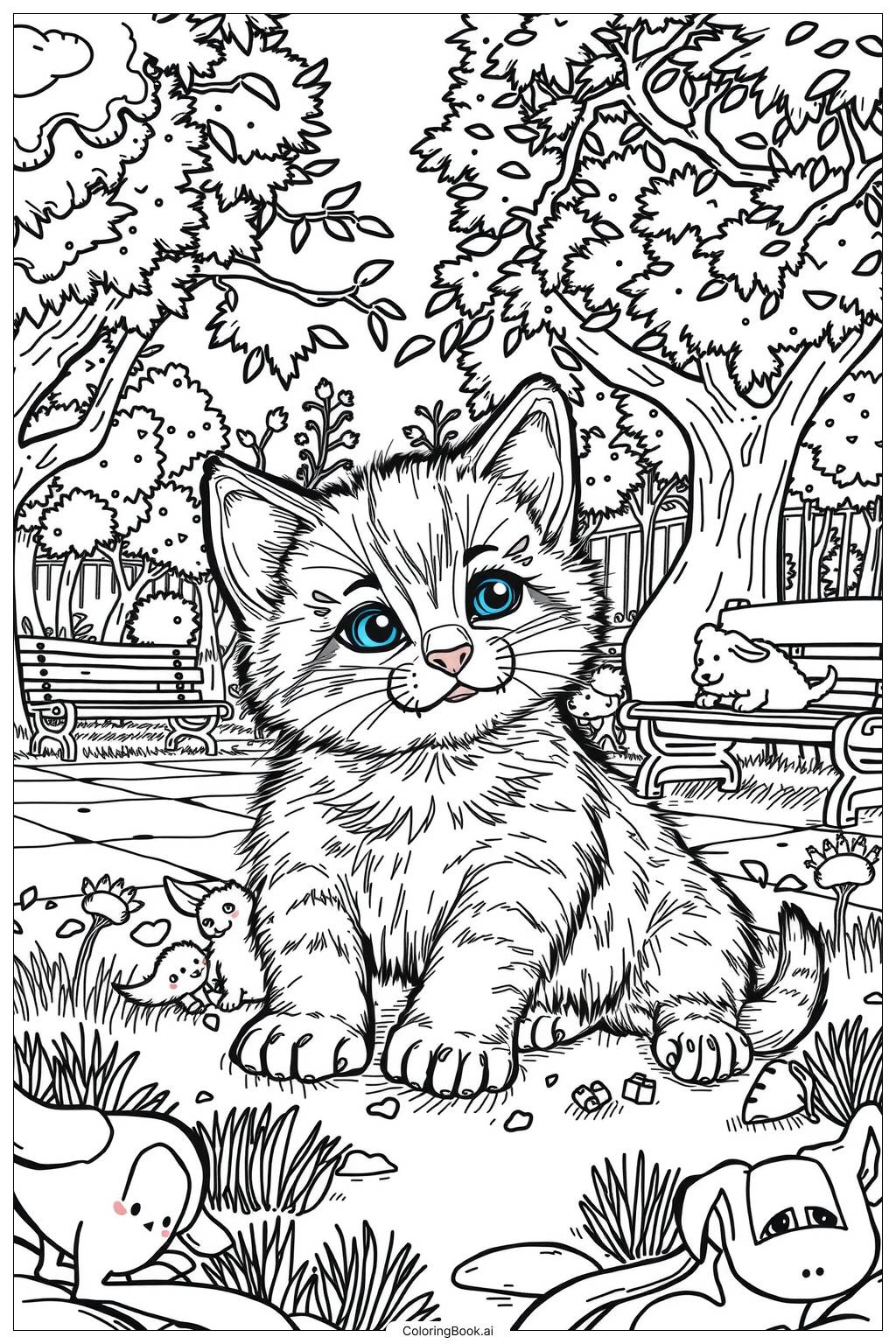  Página para colorear de Un gatito y un perrito juguetones en un parque-2 