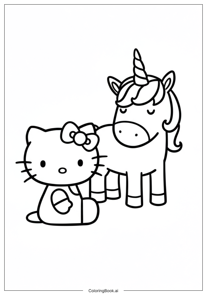  ハローキティと虹のユニコーンの塗り絵ページ 