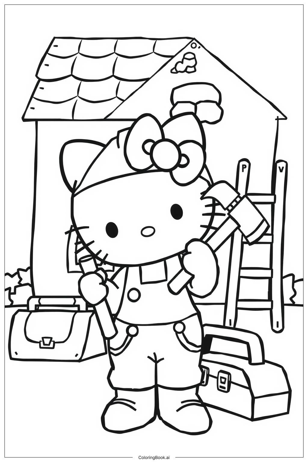  Page de coloriage Hello Kitty construit sa maison de rêve 