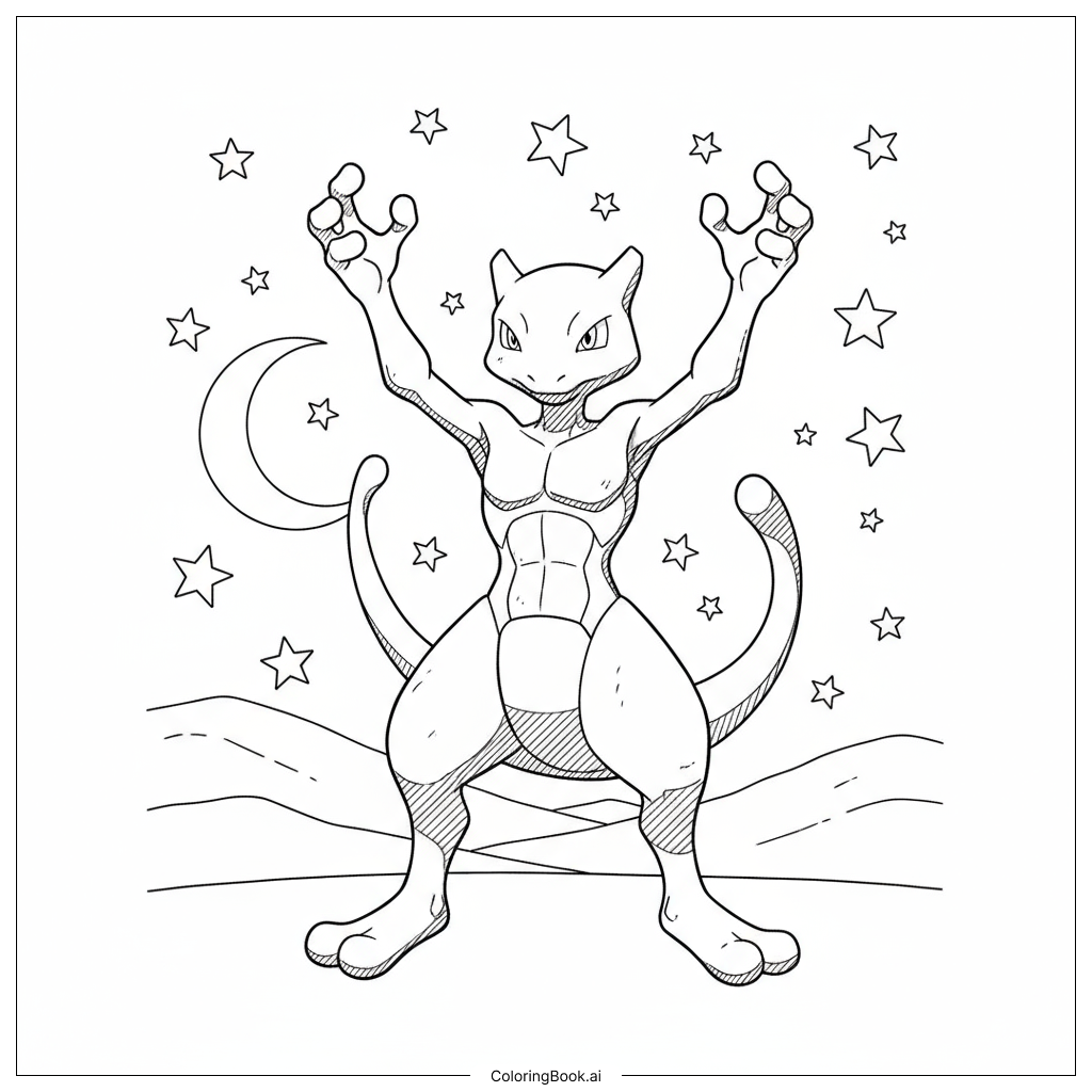  Page de coloriage Mewtwo tendant la main vers les étoiles du ciel nocturne 