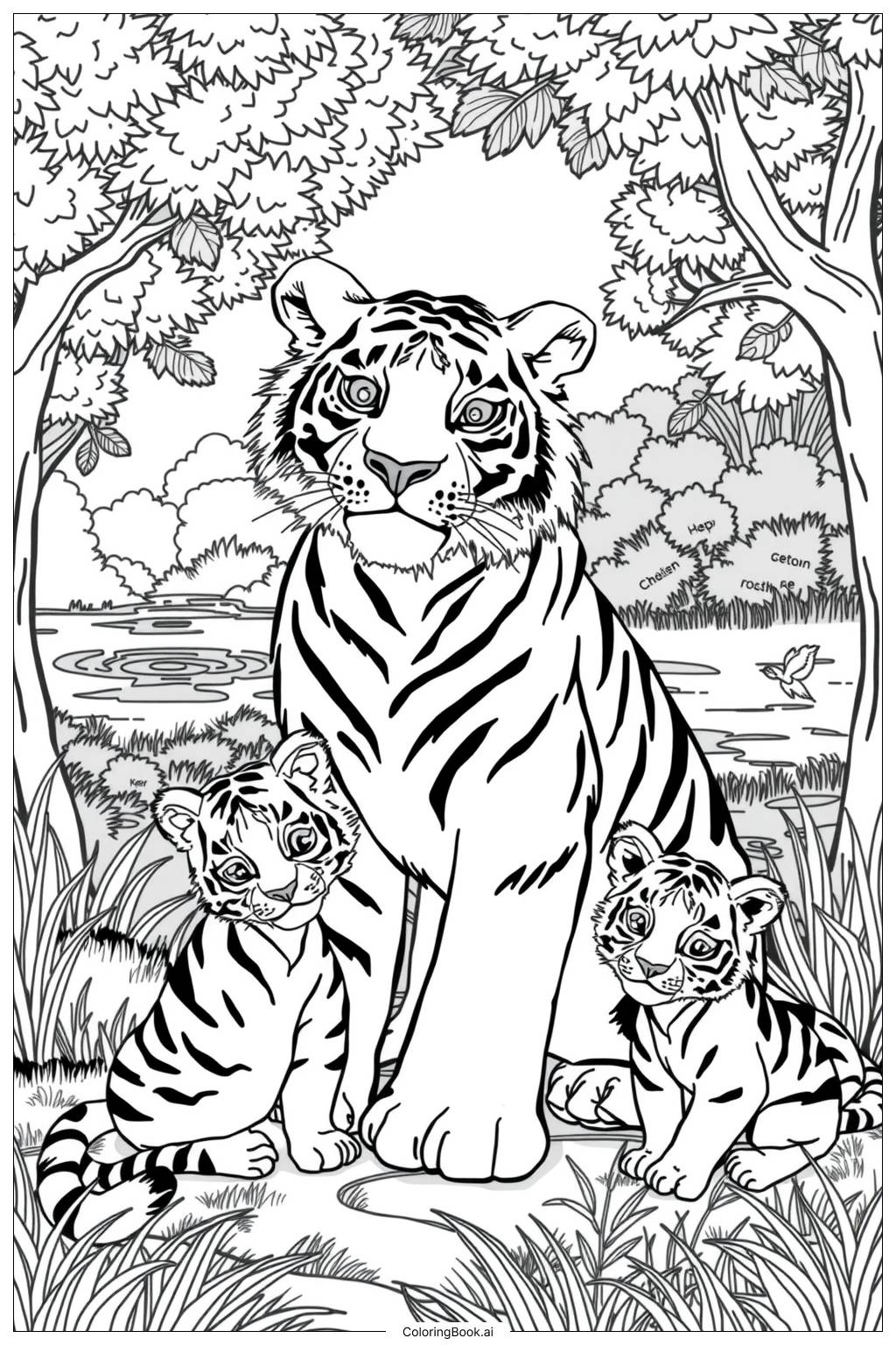  Tiger Family Scene-2 Coloring Page 