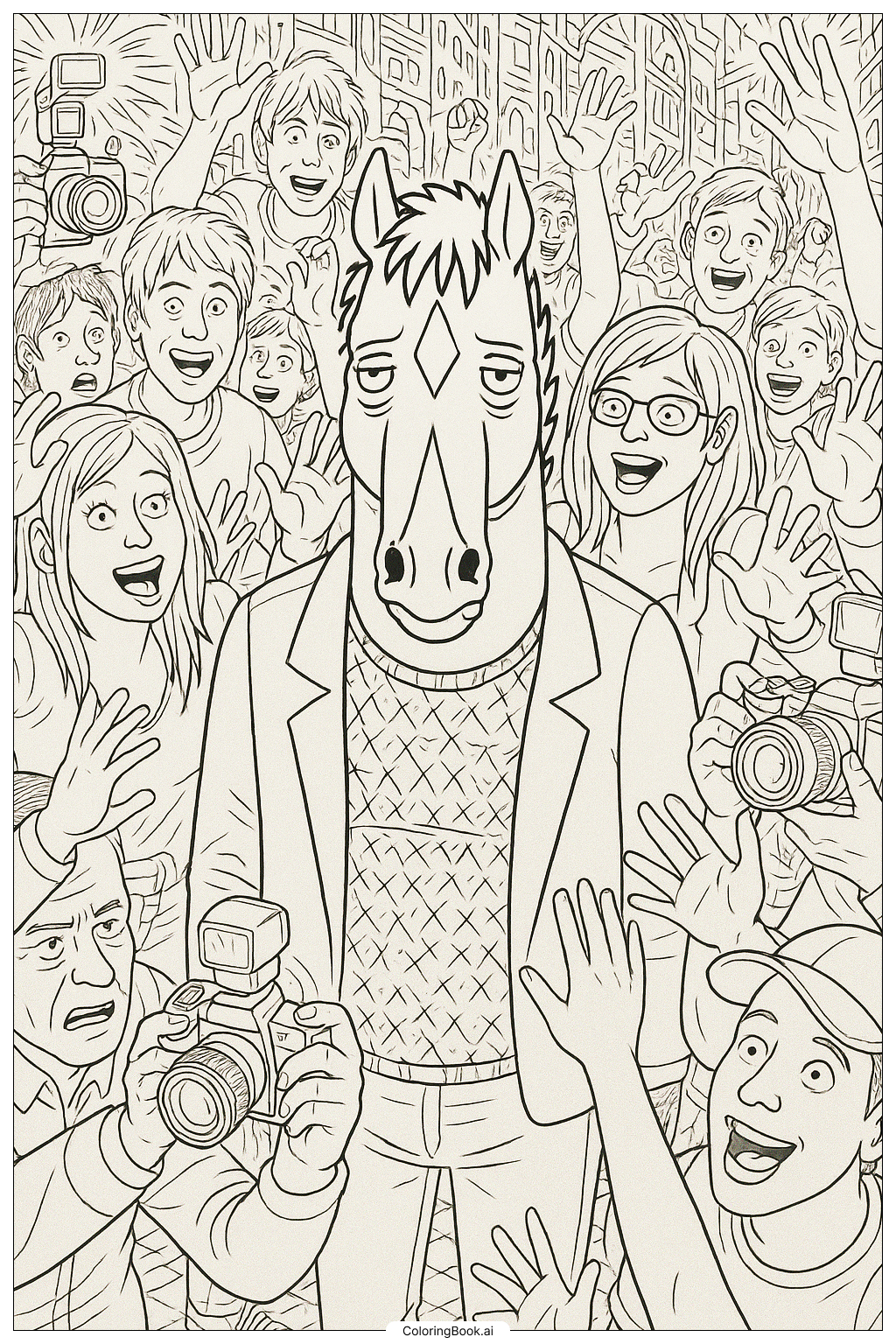  Page de coloriage Bojack Horseman Entouré par des Fans et des Paparazzis 
