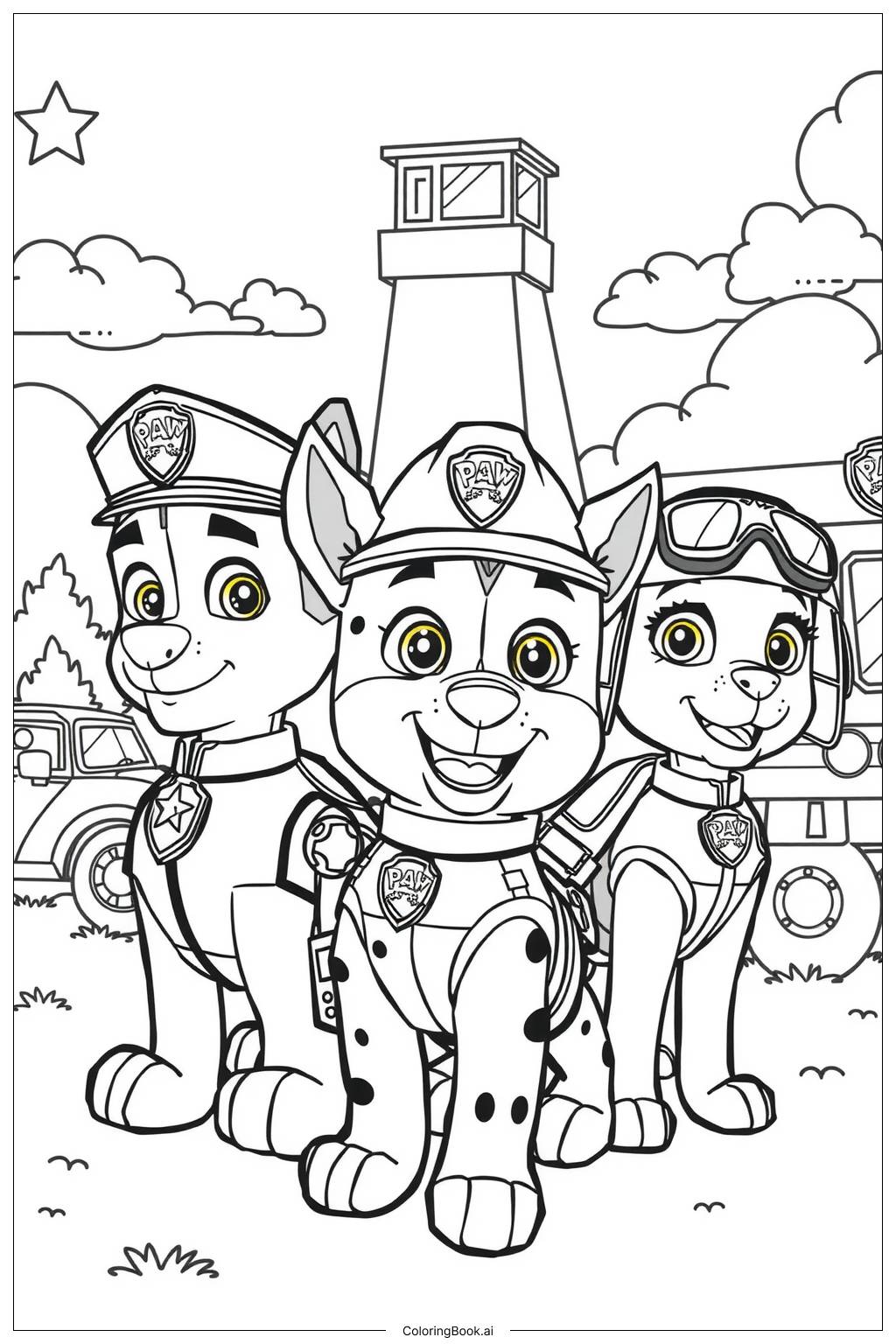  Página para colorear de Equipo de Paw Patrol en Acción 