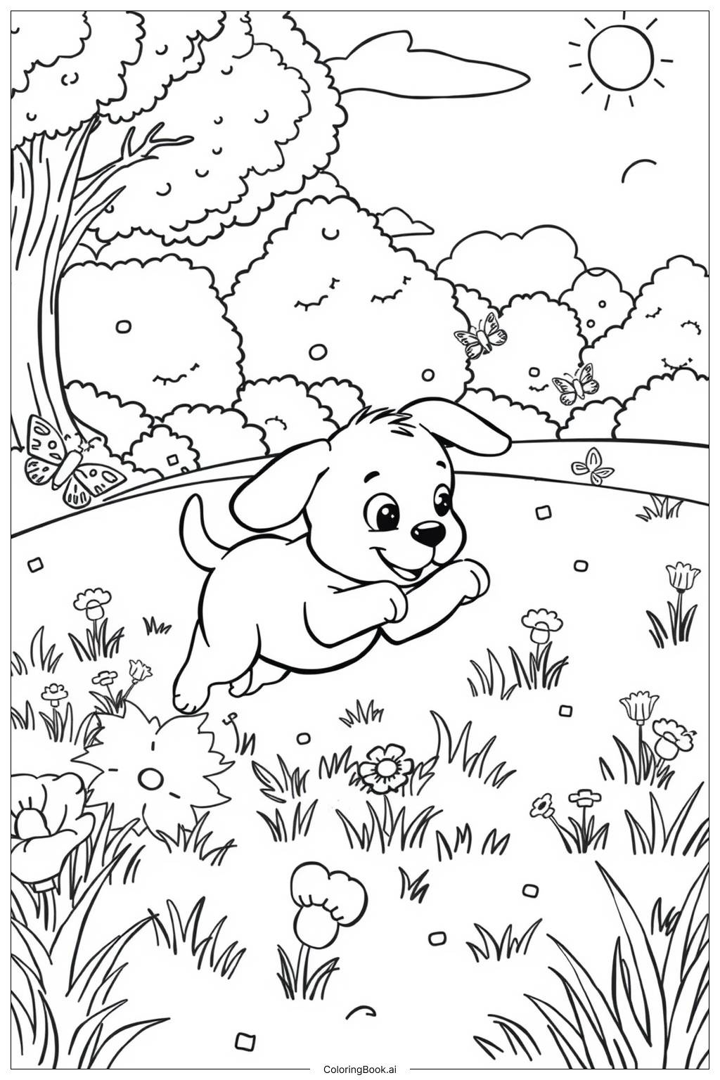  Page de coloriage Chiot courant dans un parc 