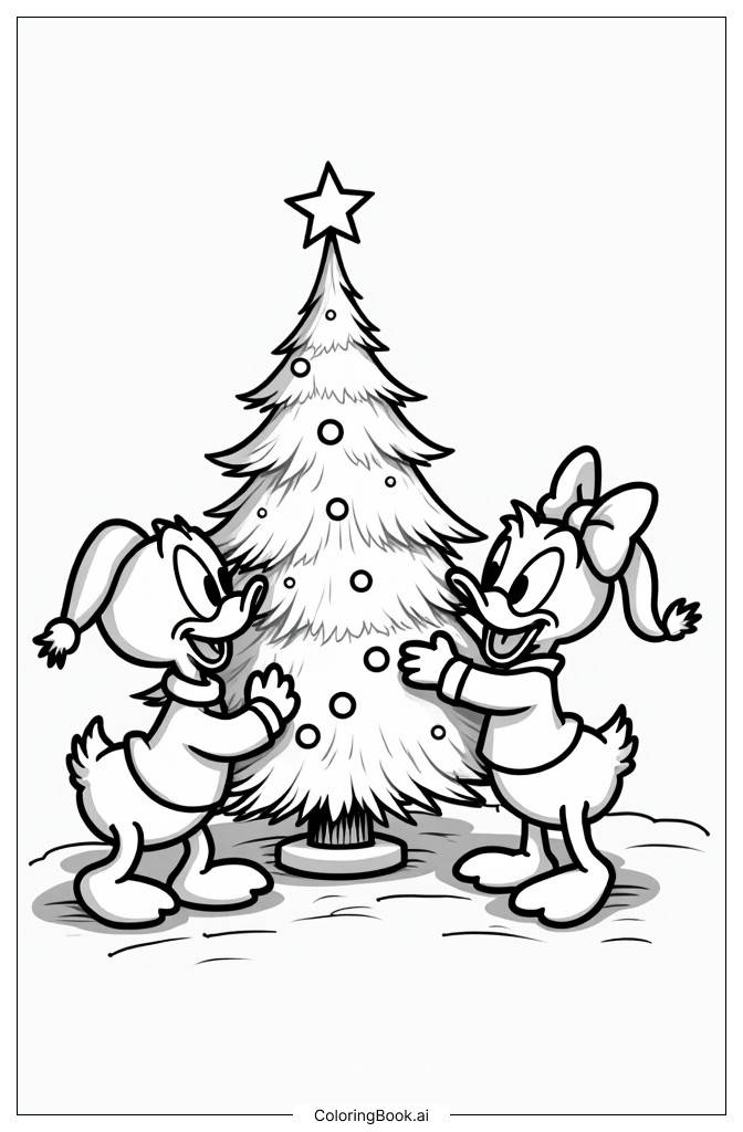  Página para colorear de Donald y Daisy Duck decorando el árbol de Navidad en casa 