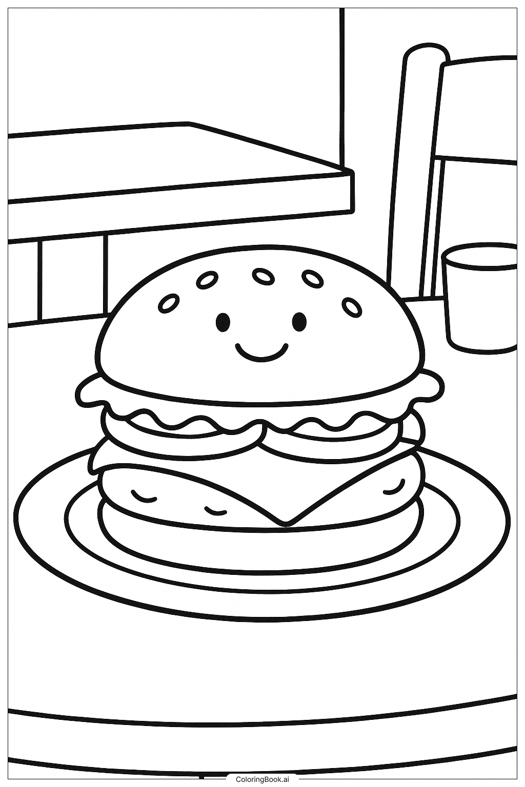  Page de coloriage Un hamburger dans une assiette au restaurant 