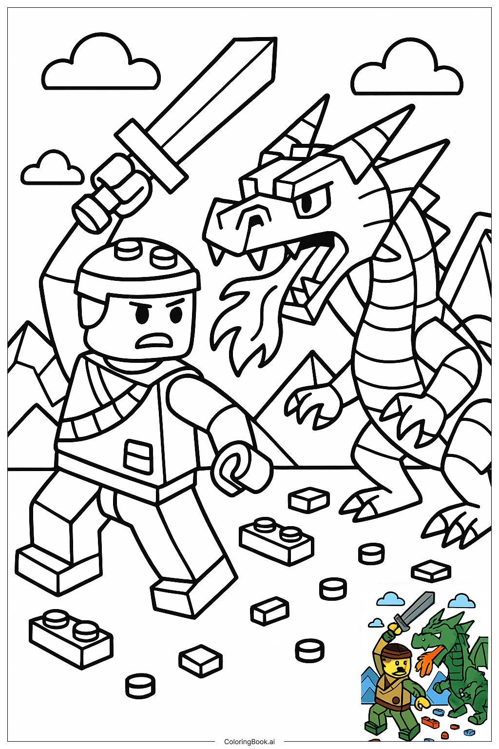  Fortnite Lego Charakter kämpft gegen Drachen Ausmalseite 
